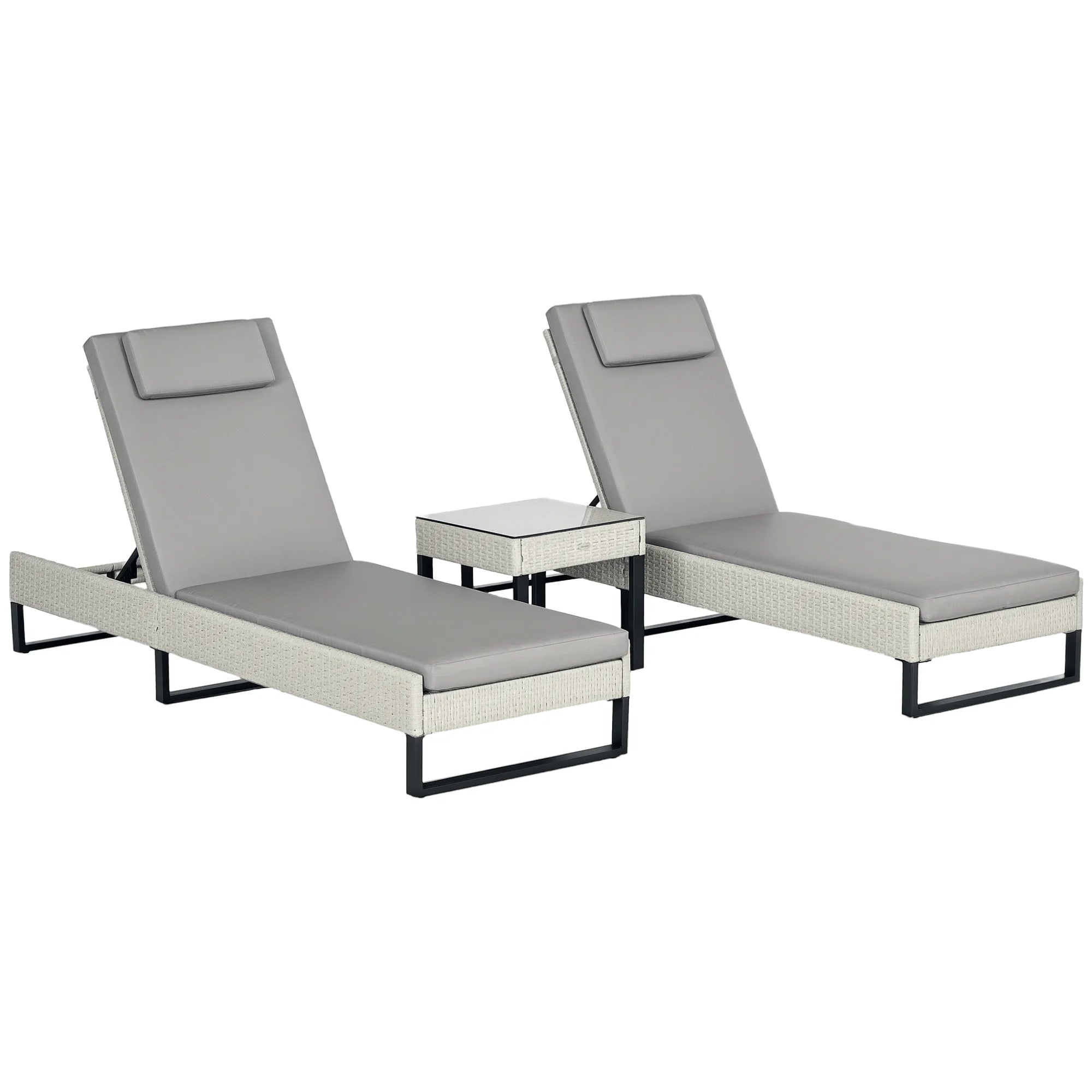 3-Piece PE Rattan Sun Lounger Set with 5-Position Recline, Cushions, Headrests and Glass Side Table