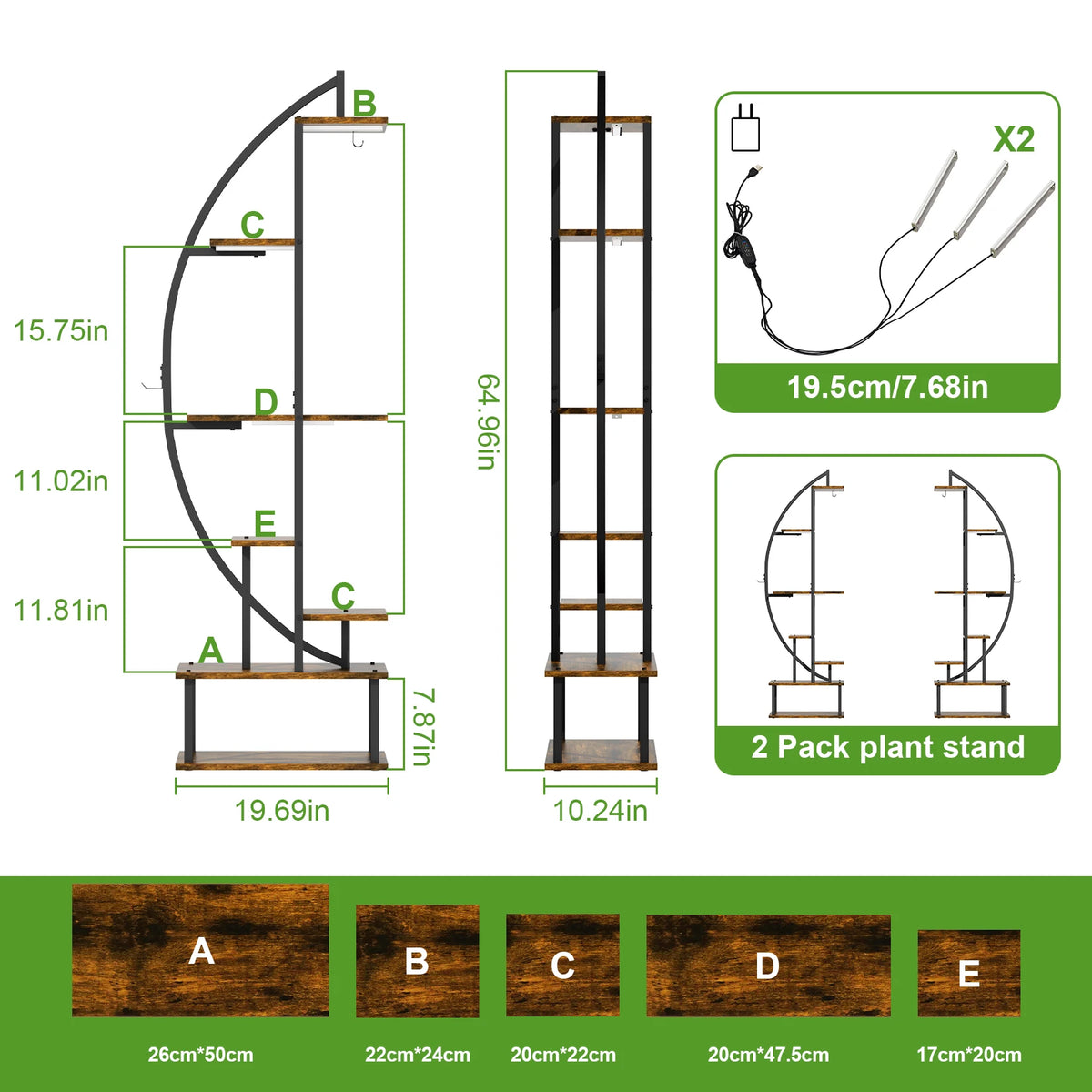 Tall Plant Stand with Grow Light 7 Tier Half Moon Industrial Style 100x26x165cm for Home Garden Office