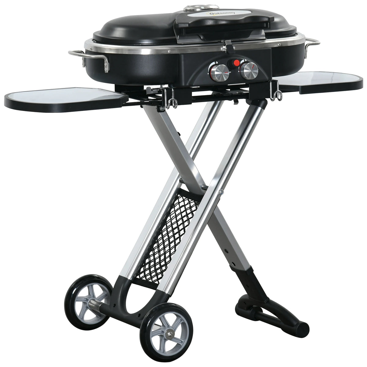 Foldable 2 Burner Gas BBQ Grill Trolley with Side Shelves Mesh Pocket Thermometer and Wheels