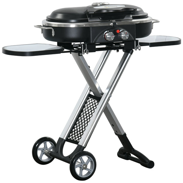 Foldable 2 Burner Gas BBQ Grill Trolley with Side Shelves Mesh Pocket Thermometer and Wheels