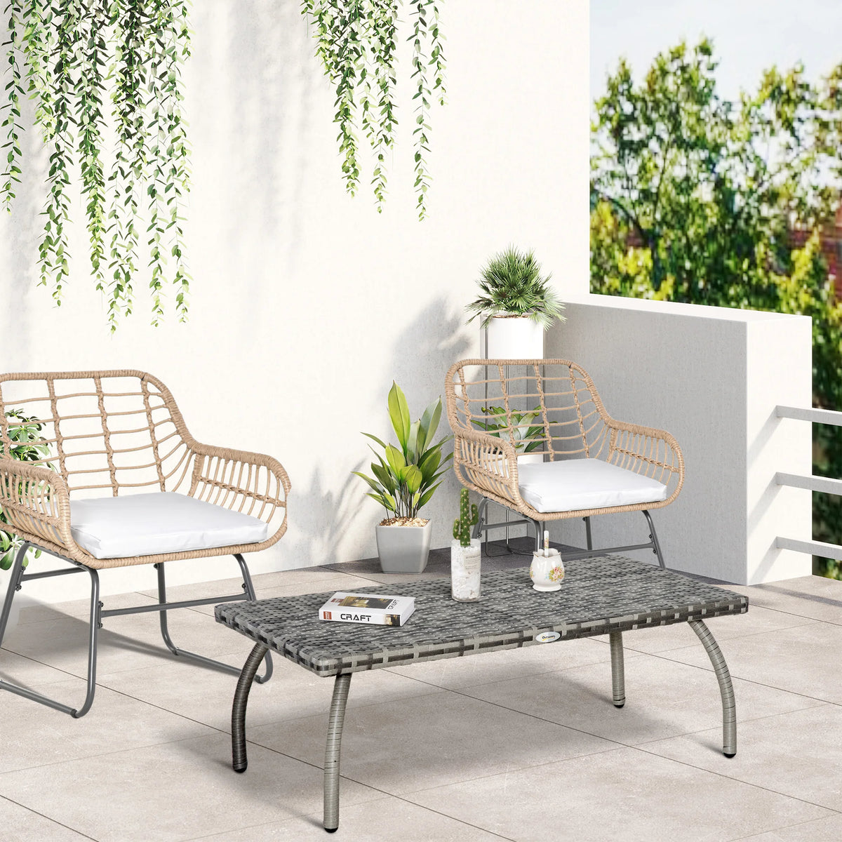Rattan Coffee Table, All-Weather Wicker Patio Table for Garden, Balcony and Backyard, Grey