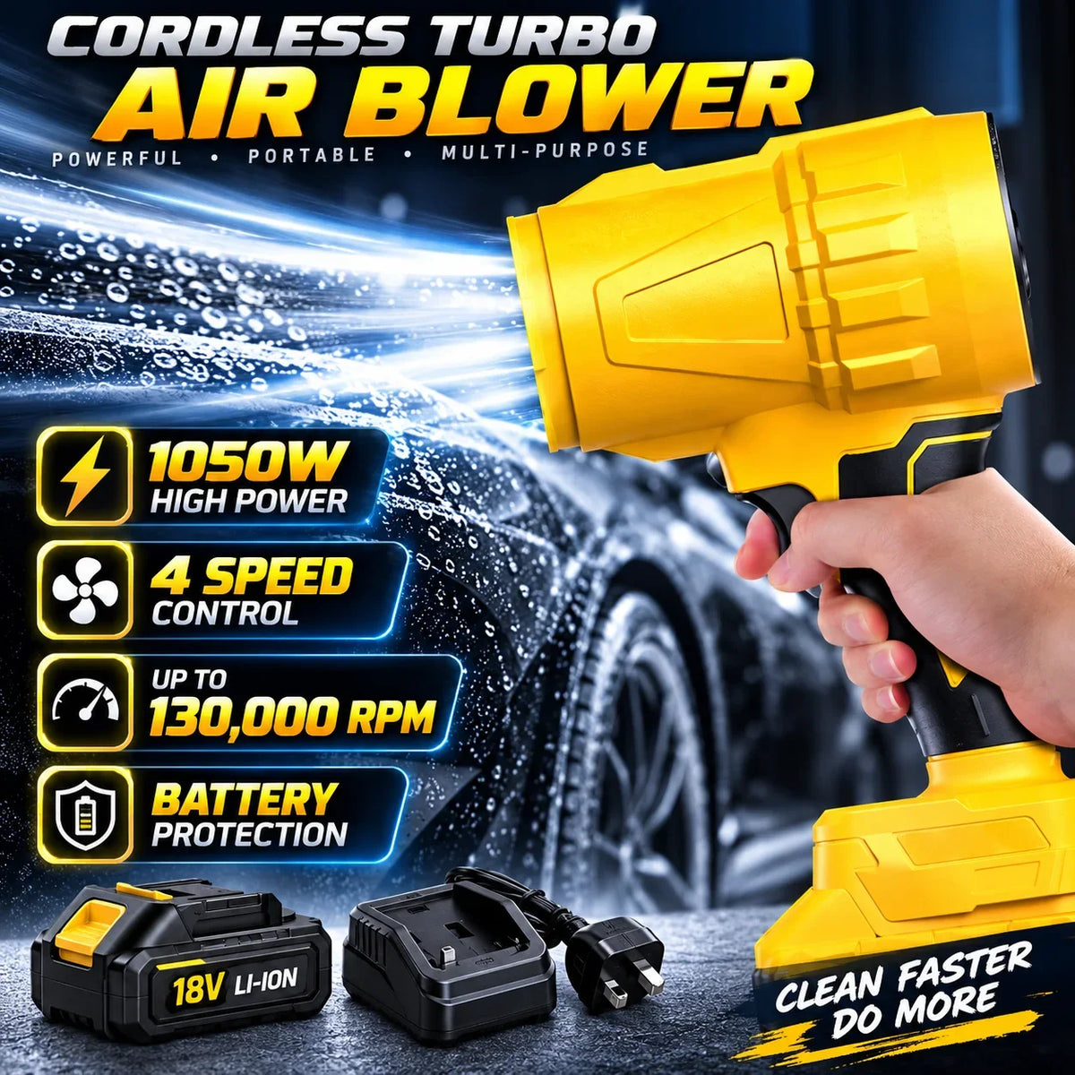 Cordless Air Blower for 18V-21V Batteries, 4 Speeds, 3 Nozzles