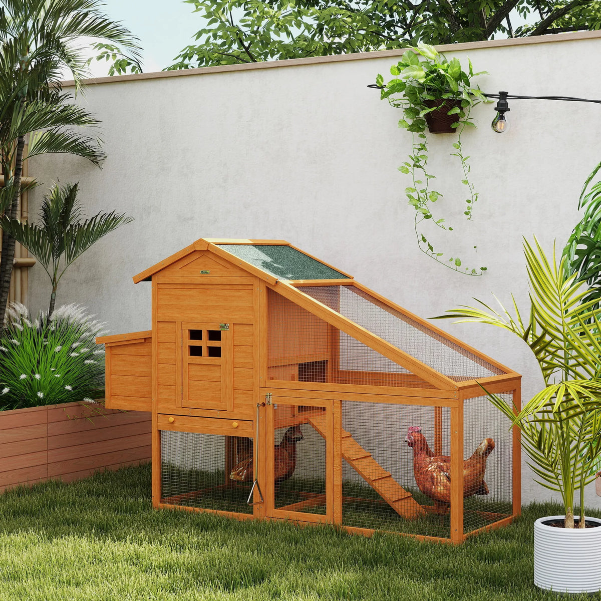 Wooden Chicken Coop 179x67x115cm with Nesting Box 2 Perches Run Ramp and Slide Out Tray Fir Wood Orange