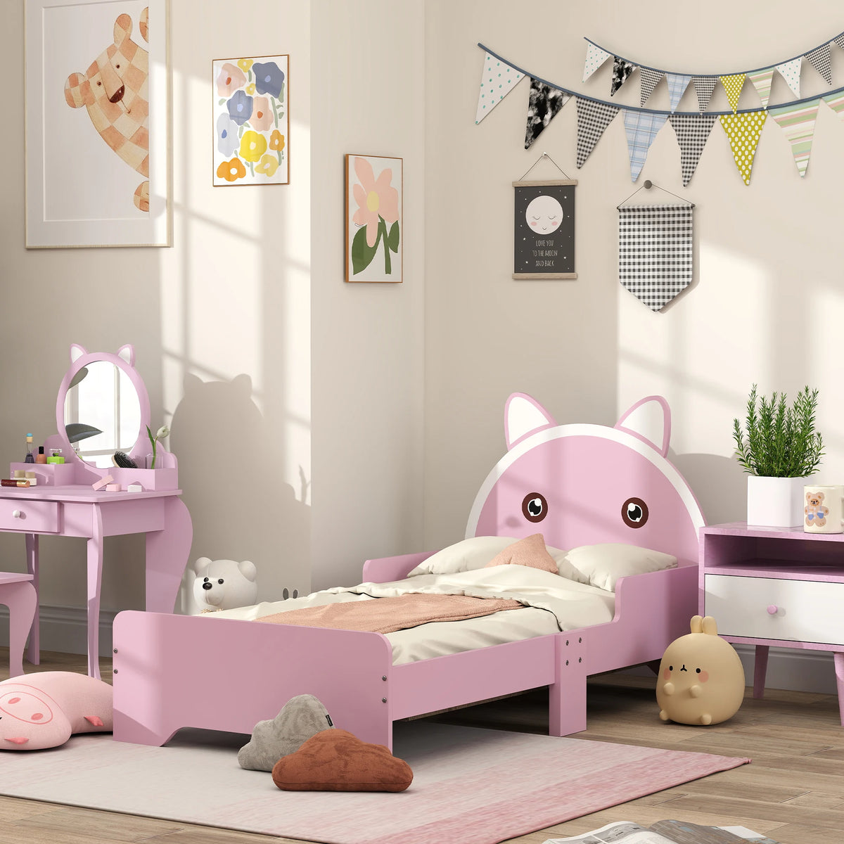 Toddler Bed Frame with Cat Design and Guardrails, 143 x 74cm, Pink