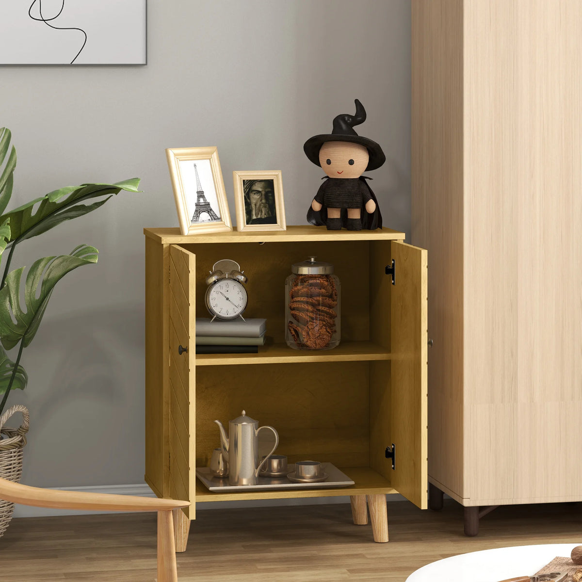 Sideboard Storage Cabinet with Chevron Doors Middle Shelf 4 Wooden Legs MDF Wood Effect Natural
