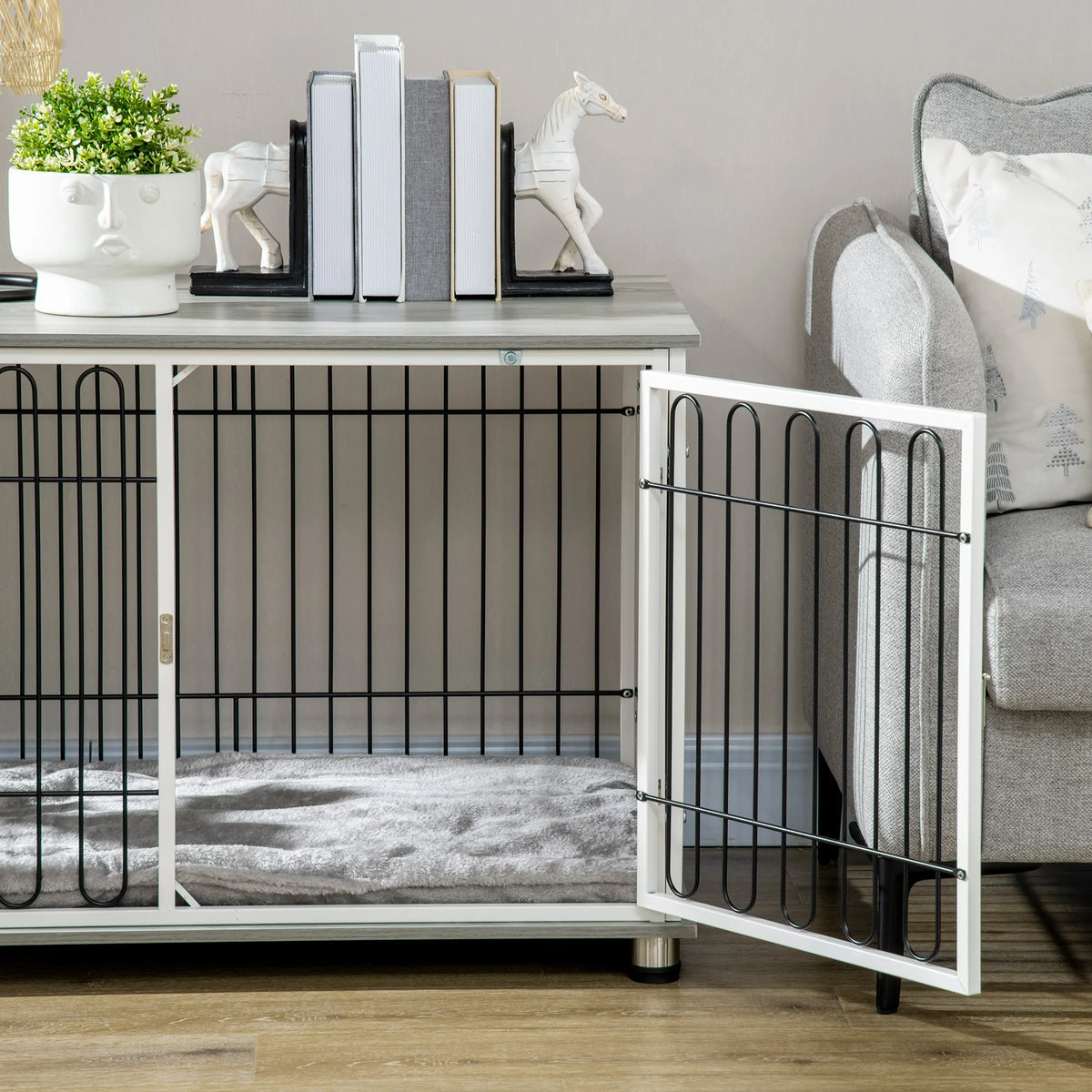 Dog Crate End Table with Washable Cushion and Lockable Door, Grey