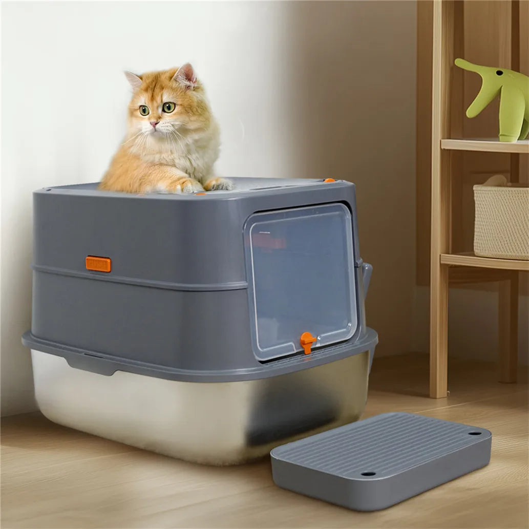XL Stainless Steel Cat Litter Box, Fully Enclosed High Sided Tray