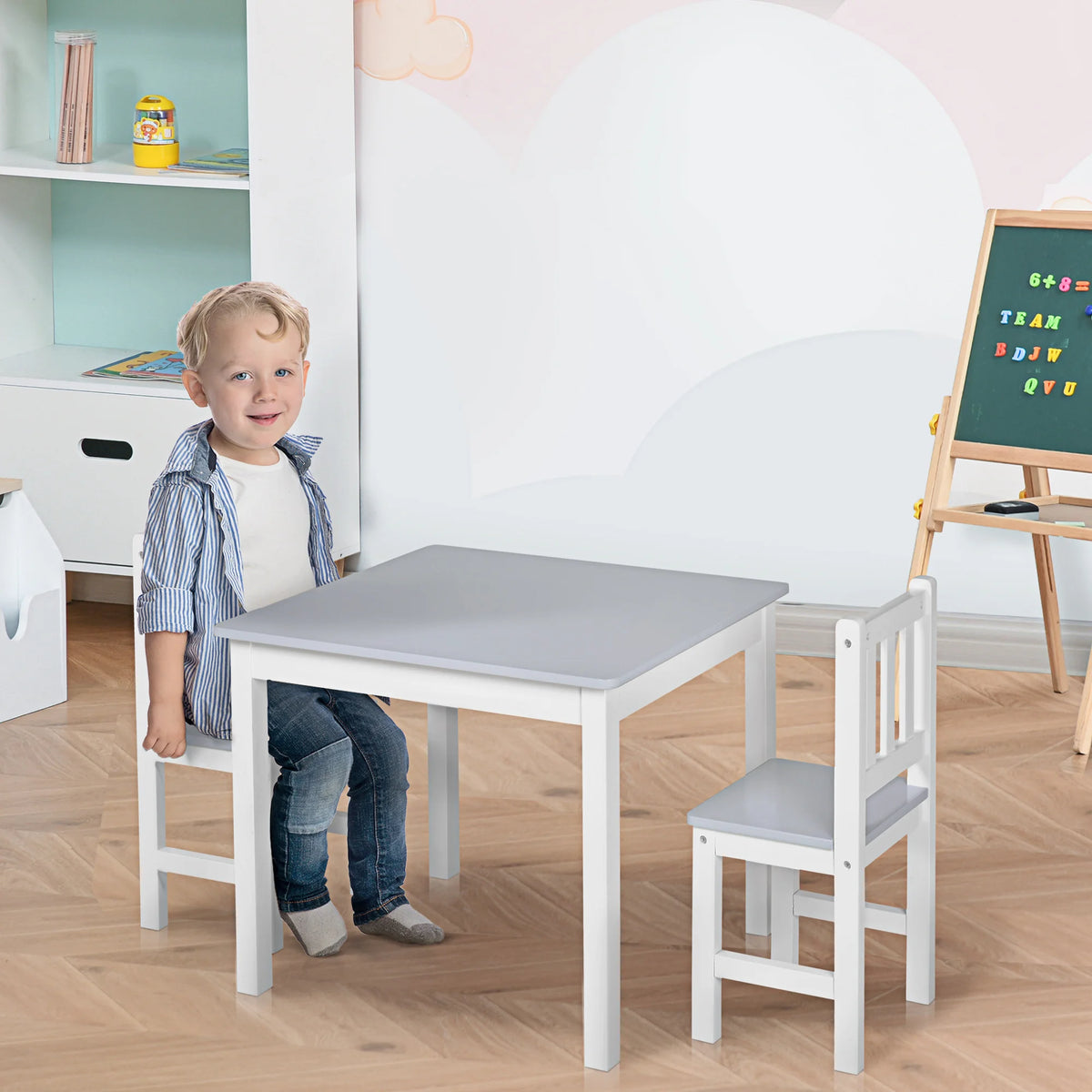 3 Piece Kids Table and Chair Set 60x50x48cm Pine Wood and MDF Toddler Desk with 2 Chairs Grey and White