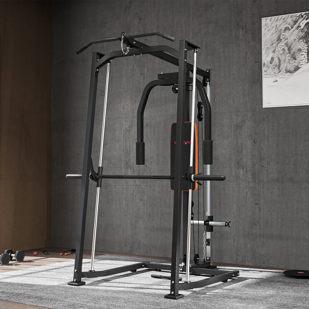 3-in-1 Smith Machine Multifunctional Power Cage with Dual Cable Pulley System, Chest Press Station & 17-Level Squat Rack