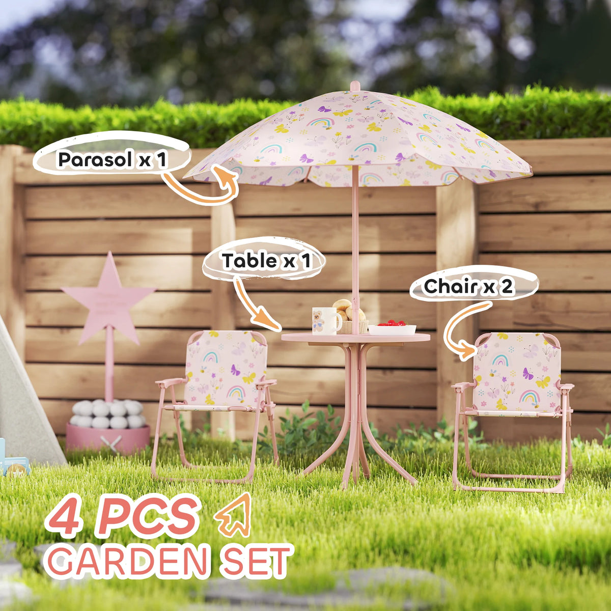 Kids Garden Table and Chair Set with Parasol 4 Piece Folding Outdoor Patio Set Rainbow Design Pink