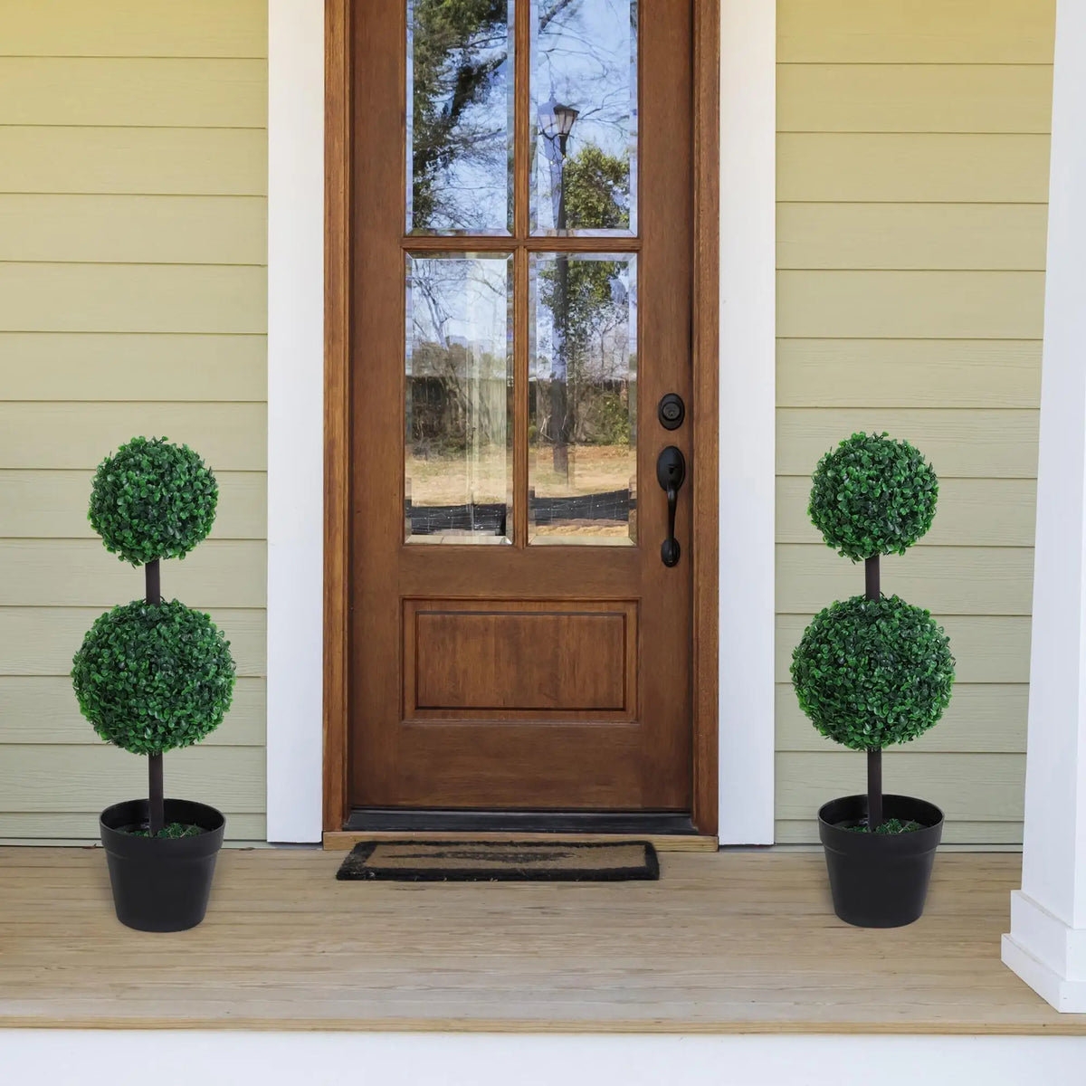 Set of 2 Artificial Double Ball Topiary Trees 23x67cm with Cement Filled Pots Faux Plants Green