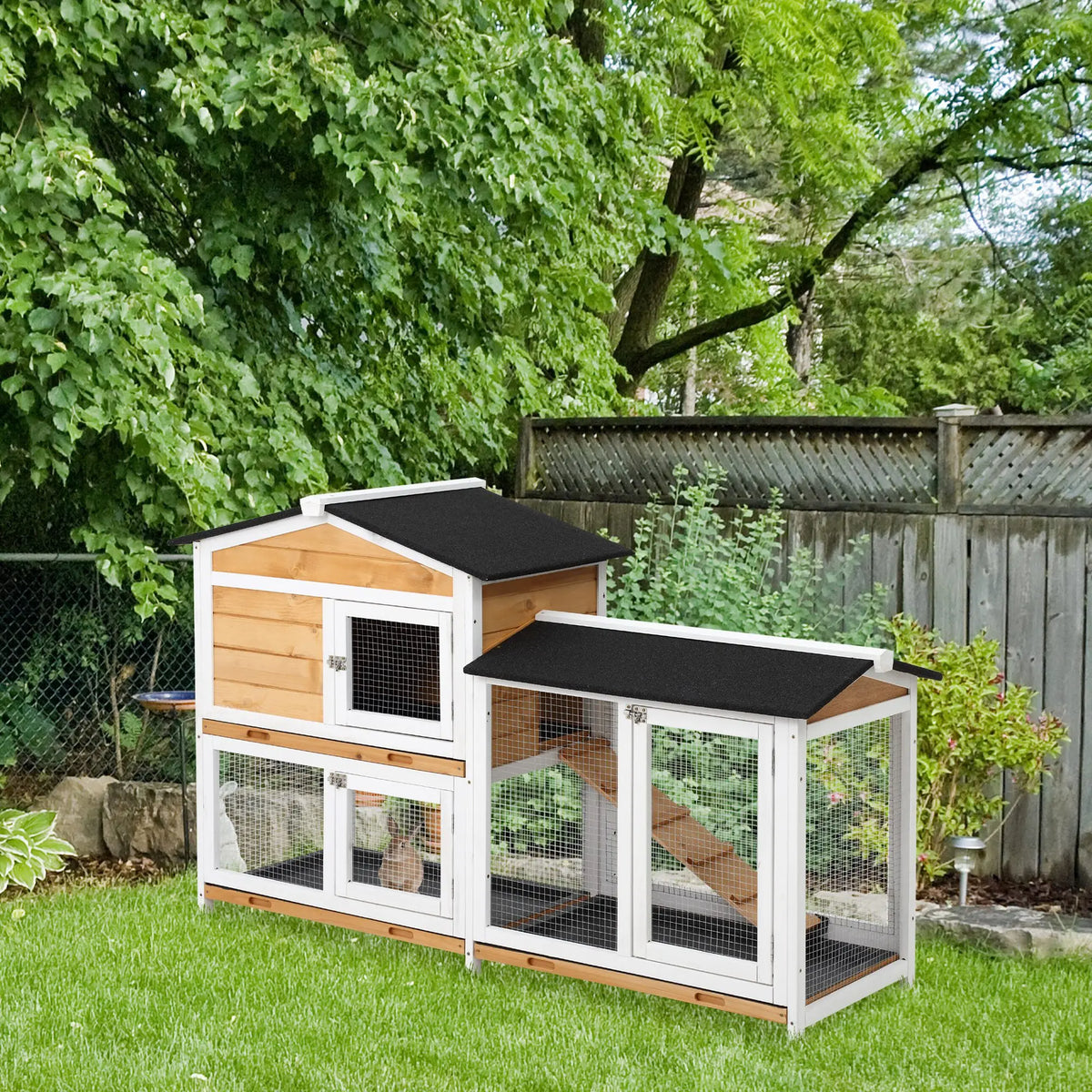 2 Tier Wooden Rabbit Hutch with Run Ramp and Slide Out Trays Fir Wood Asphalt Roof Guinea Pig Cage
