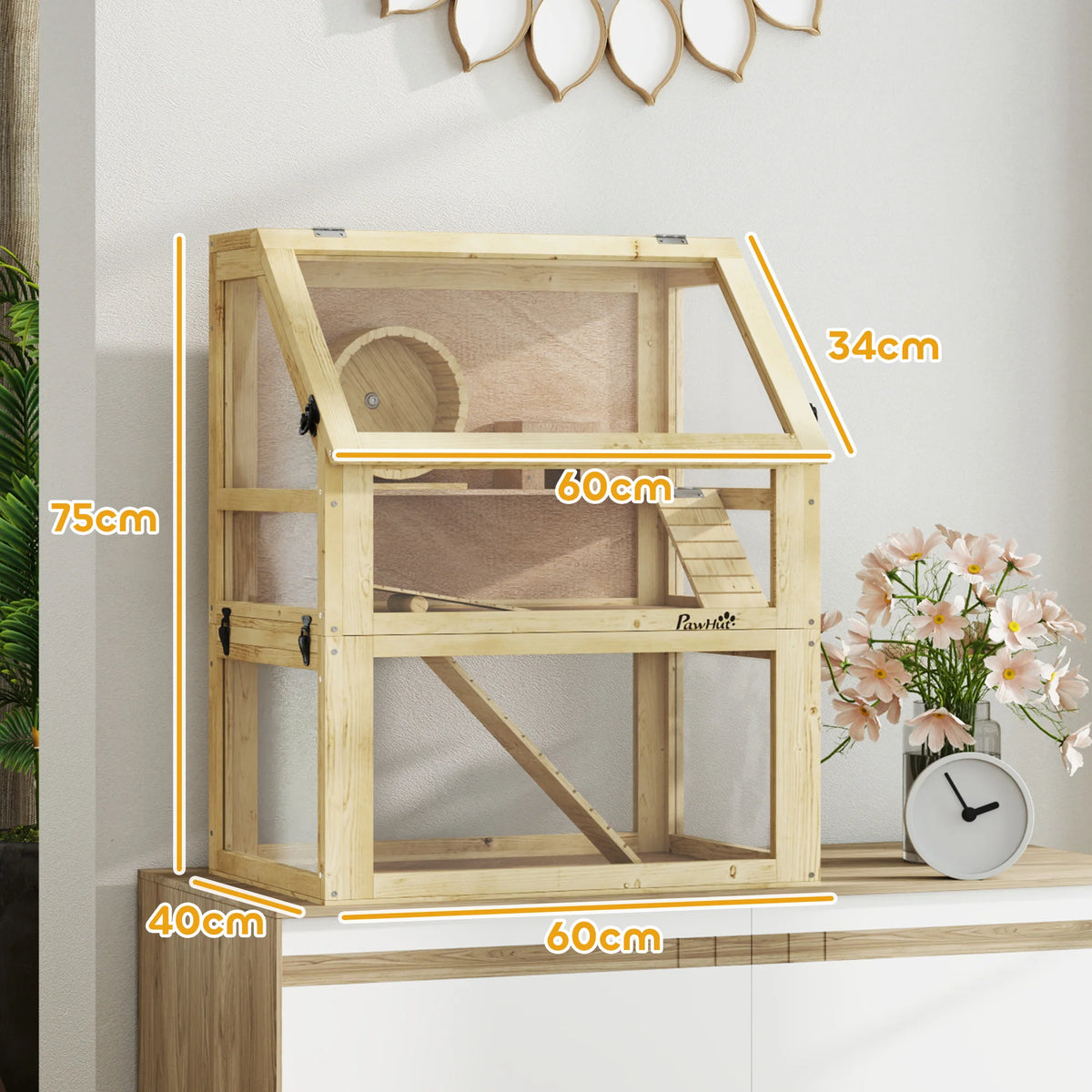 Wooden Hamster Cage, 3 Tier Gerbil Cage with Detachable 32cm Deep Bottom, Hut, Seesaw, Ramps, Natural Wood Finish