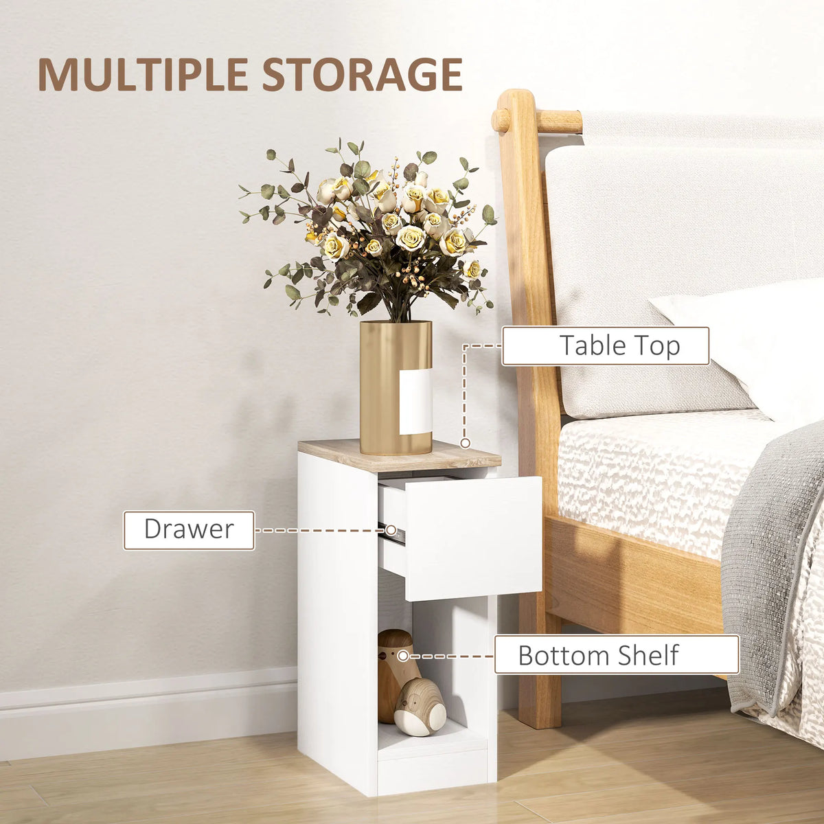 Set of 2 Bedside Tables 42.5cm Slim Nightstands with Drawer Bottom Shelf and Wood Effect Tops White