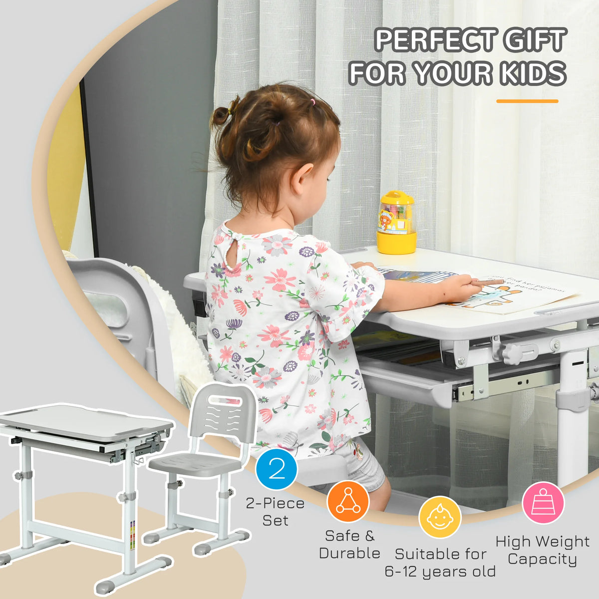Kids Desk and Chair Set with Height Adjustment and Tilting Top, Ages 6-12