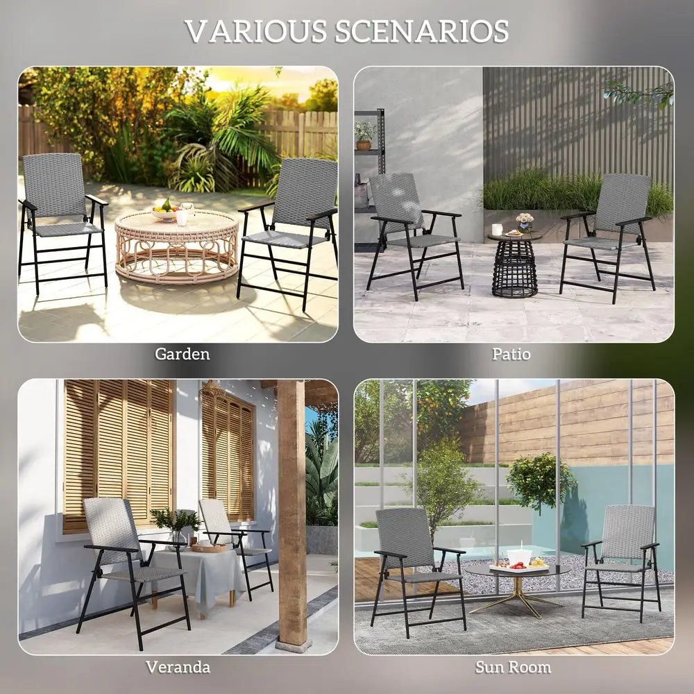 Set of 2 Folding PE Rattan Garden Dining Chairs with Armrests High Back Steel Frame 58x61x94cm Outdoor