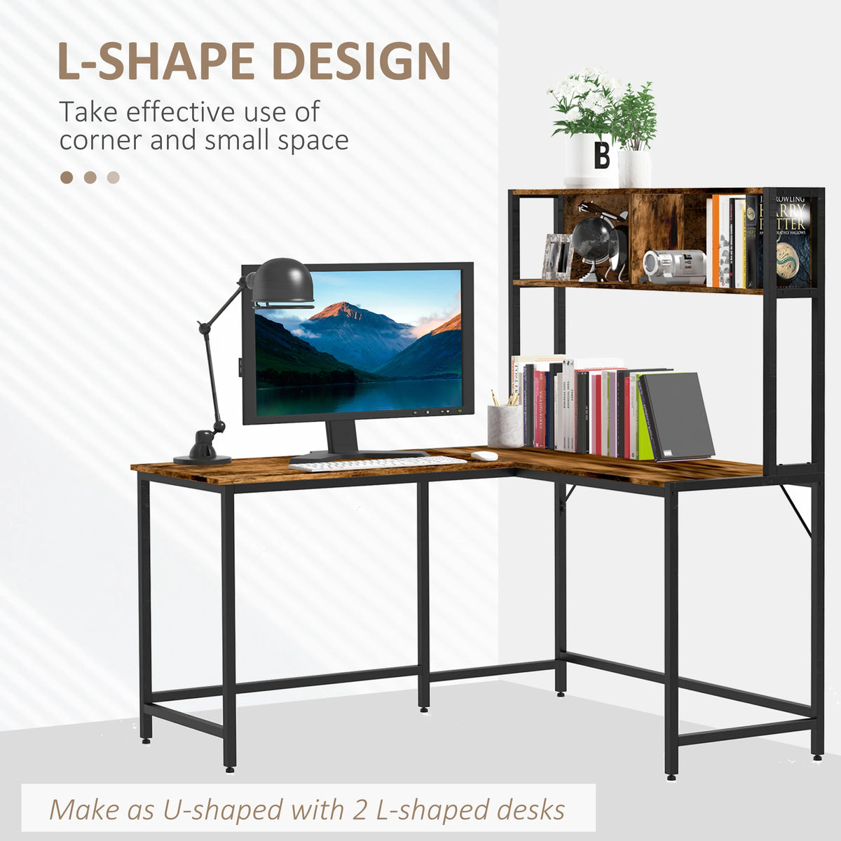 Industrial L-Shaped Work Desk with Storage Shelf, Steel Frame, Adjustable Feet