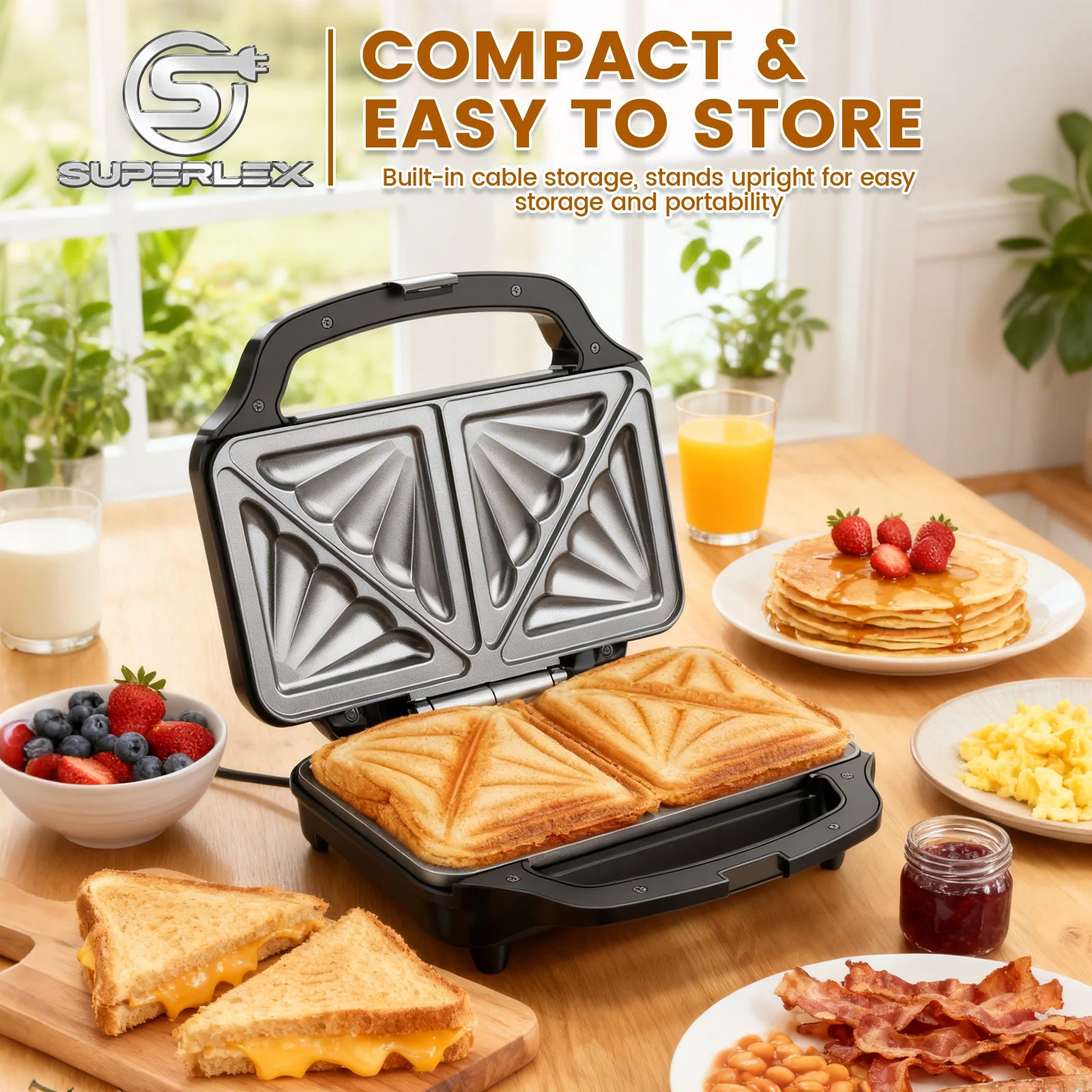 900W Stainless Steel Sandwich Maker XL Deep Fill 4 Slice Toastie Maker with Non-Stick Plates and Indicator Lights