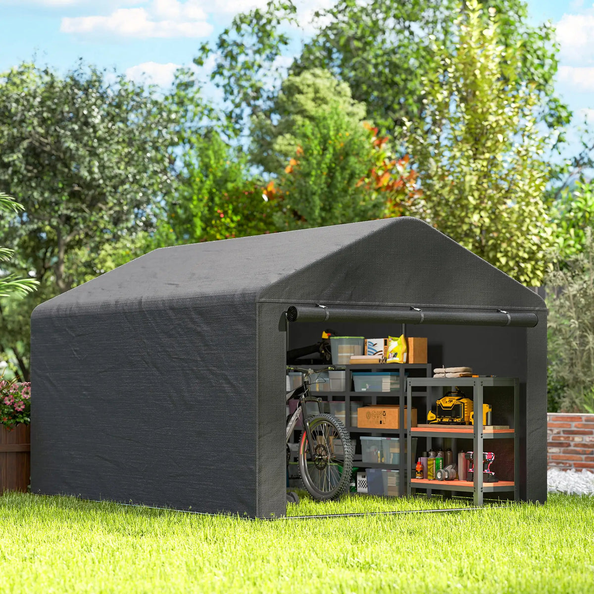 Garden Storage Shed Tent with Roll-Up Zipped Door, 6.6 x 7.8ft, Dark Grey