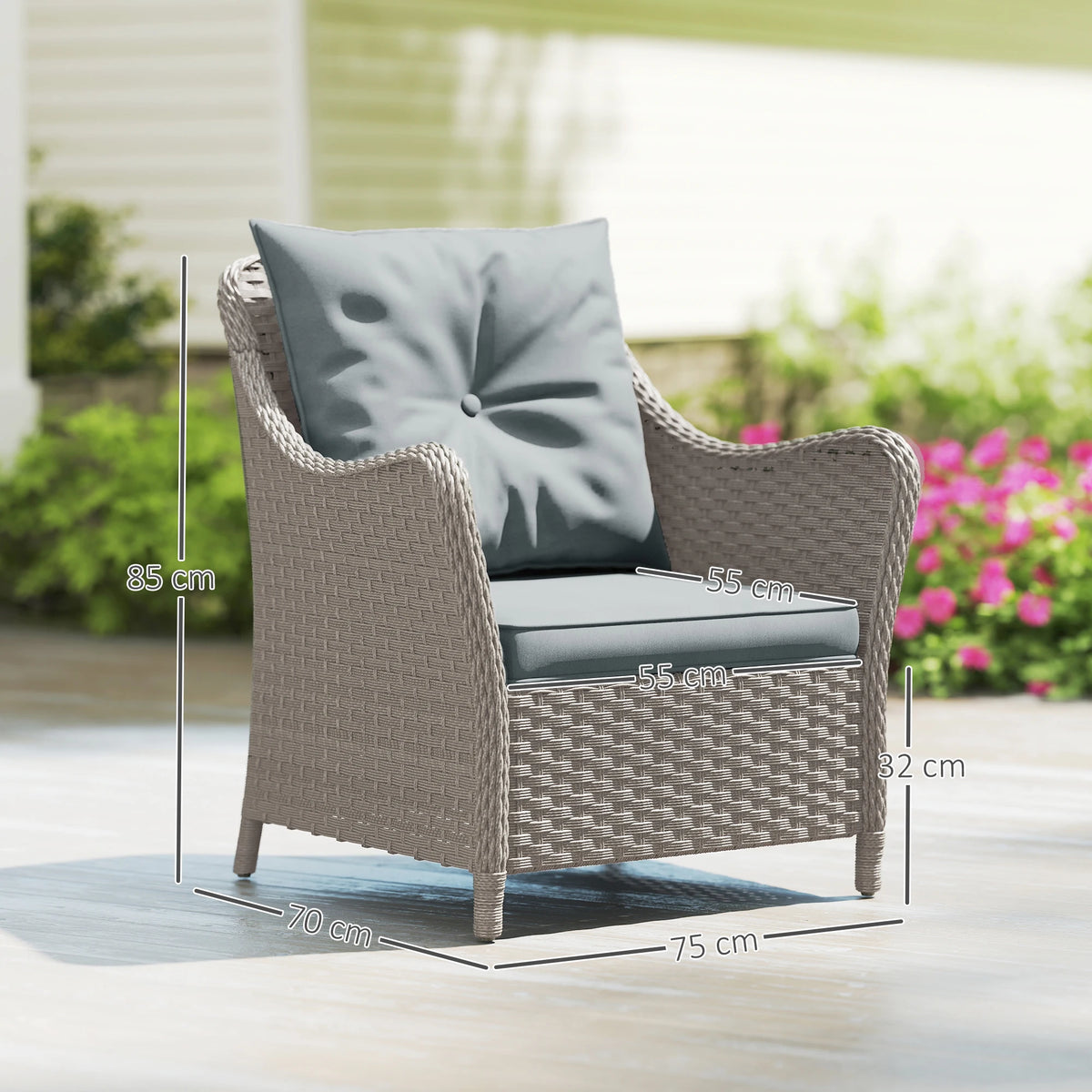Set of 2 Rattan Garden Chairs with Washable Cushion Covers Curved Armrests High Back Powder Coated Steel Light Grey