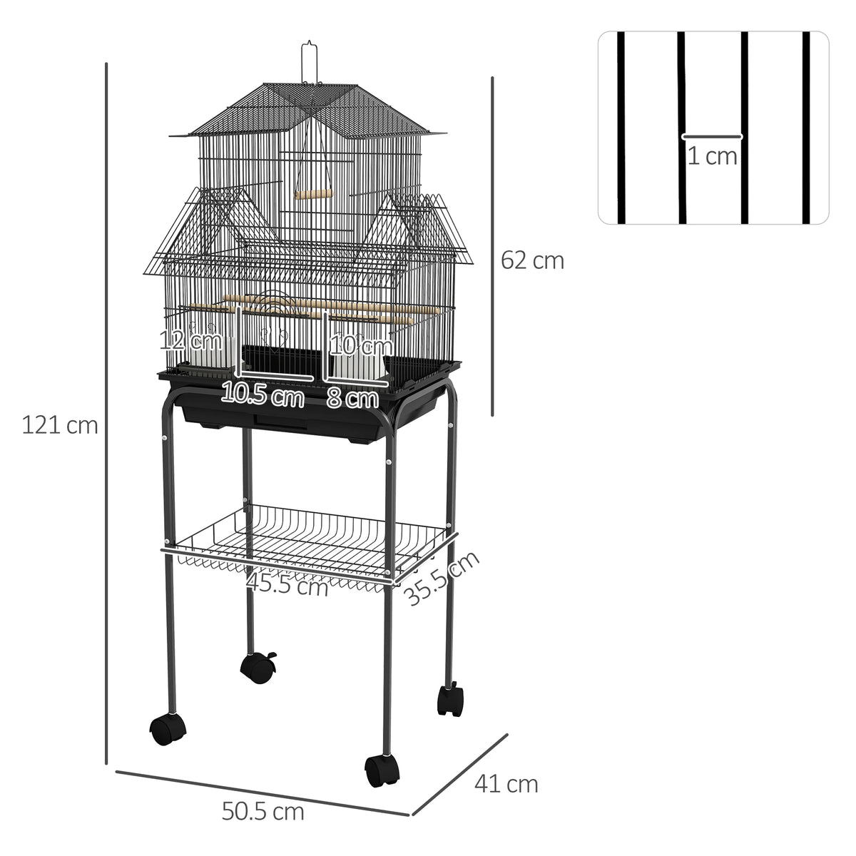 Metal Bird Cage with Stand, Wheels, Perches and Feeders for Finches and Canaries, Black