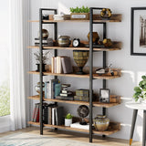 5-Tier Industrial Bookshelf 180cm with Iron Pipe Frame | Retro Wood and Metal Standing Storage Rack