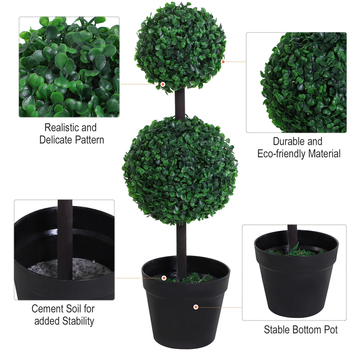 Set of 2 Artificial Double Ball Topiary Trees 23x67cm with Cement Filled Pots Faux Plants Green