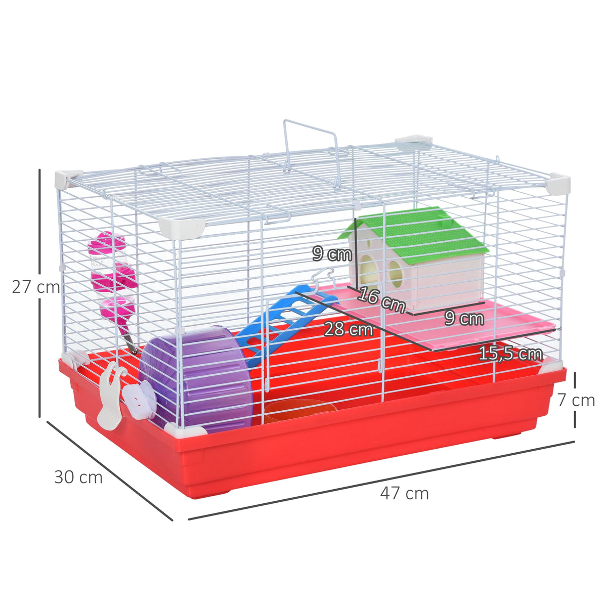 Hamster Cage, Small Gerbil Cage 2 Tiers Portable with Handle, Exercise Wheel, Water Bottle, Dishes