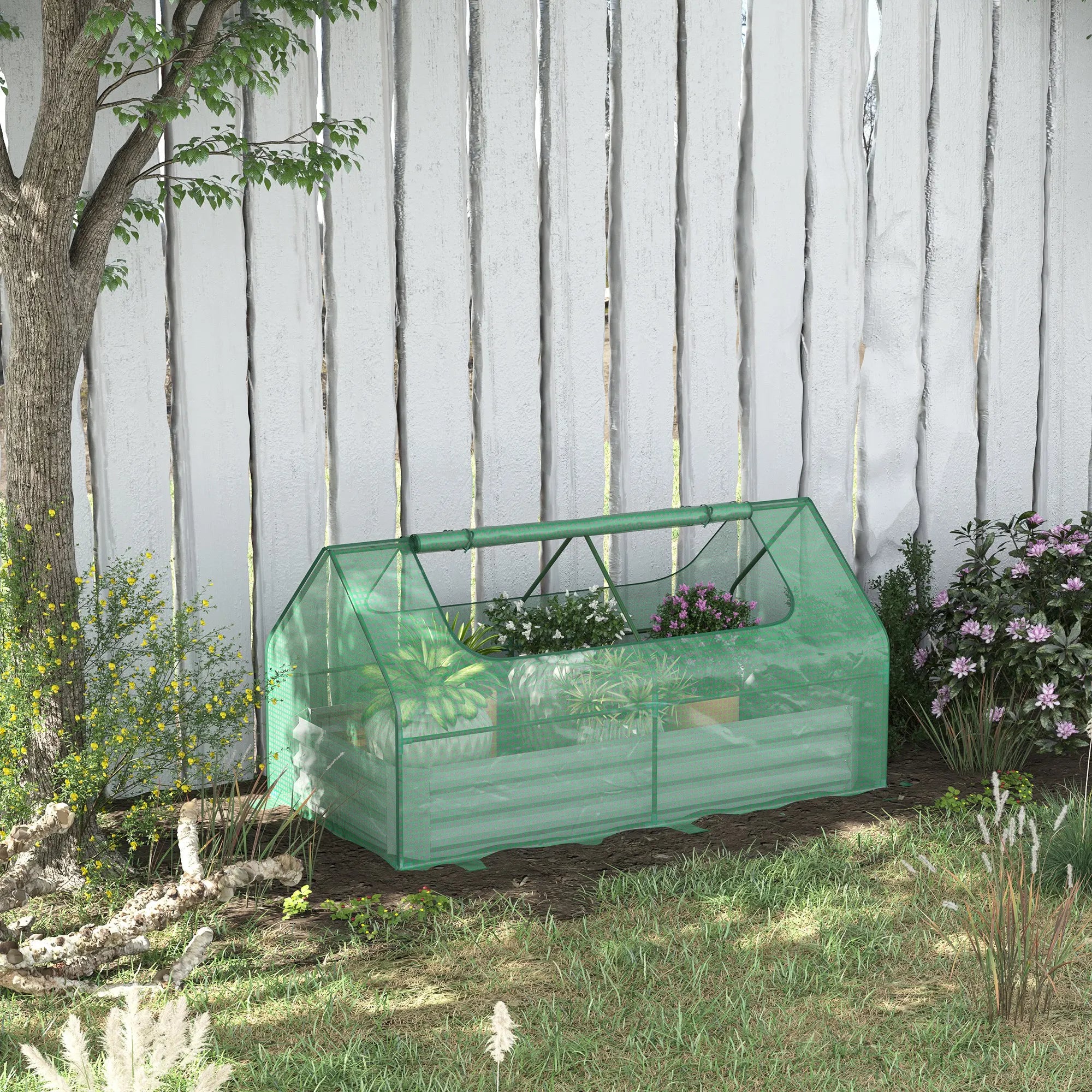 2-in-1 Steel Raised Garden Bed with Greenhouse Cover, Roll-Up Window and Zip Door