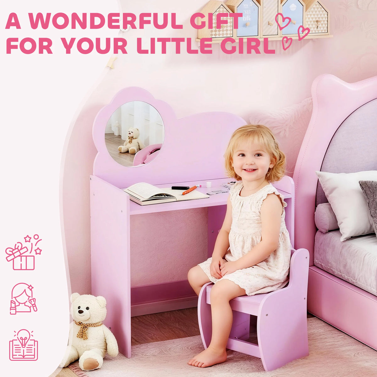 Kids Dressing Table and Chair Set with Mirror and Storage Compartments