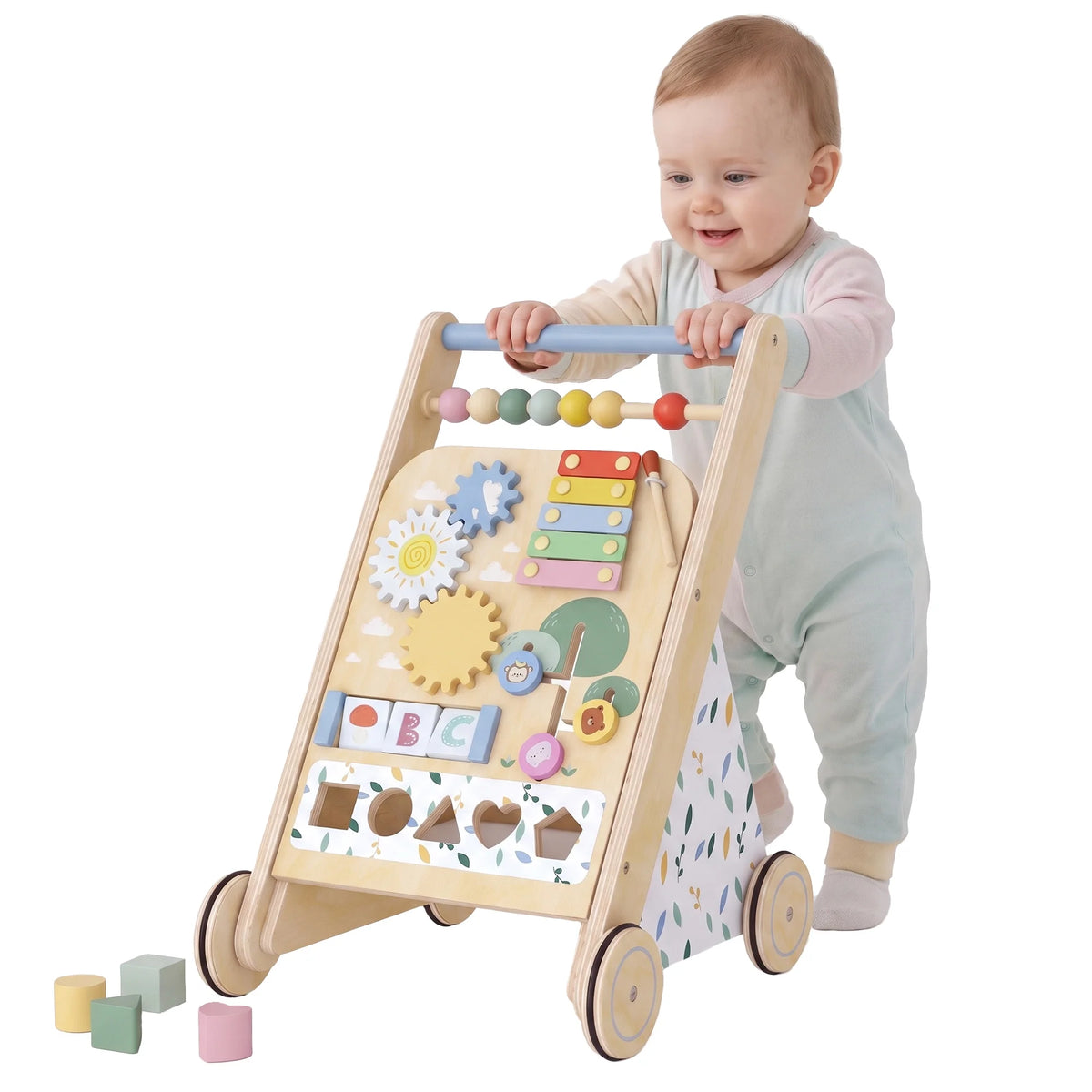 Wooden Baby Walker with Adjustable Wheel Speed, Activity Centre and 5 Blocks
