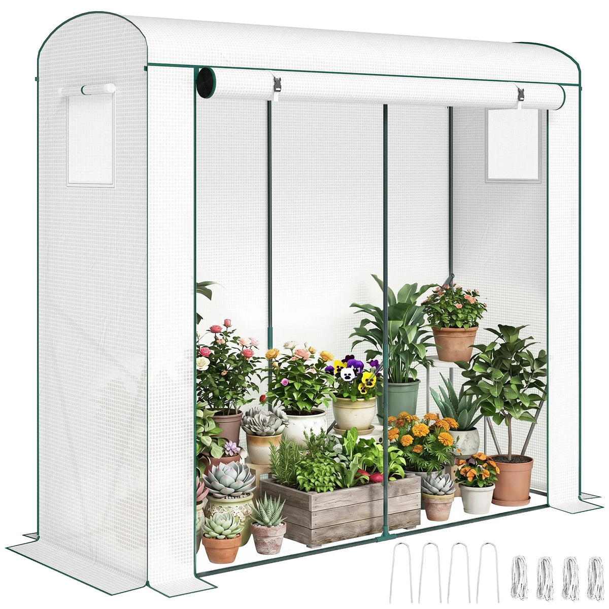 Portable Tomato Greenhouse with Roll-Up Door and Mesh Windows, White