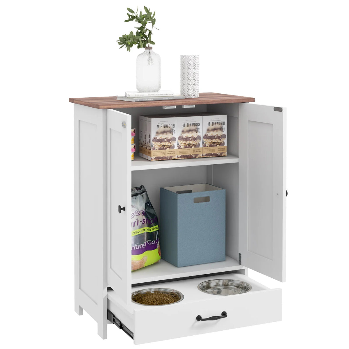 Dog Feeding Station with Storage Cabinet and 2 Hidden Bowls 80x60x35cm with Side Hooks White