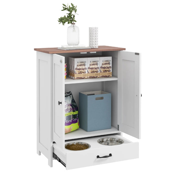 Dog Feeding Station with Storage Cabinet and 2 Hidden Bowls 80x60x35cm with Side Hooks White