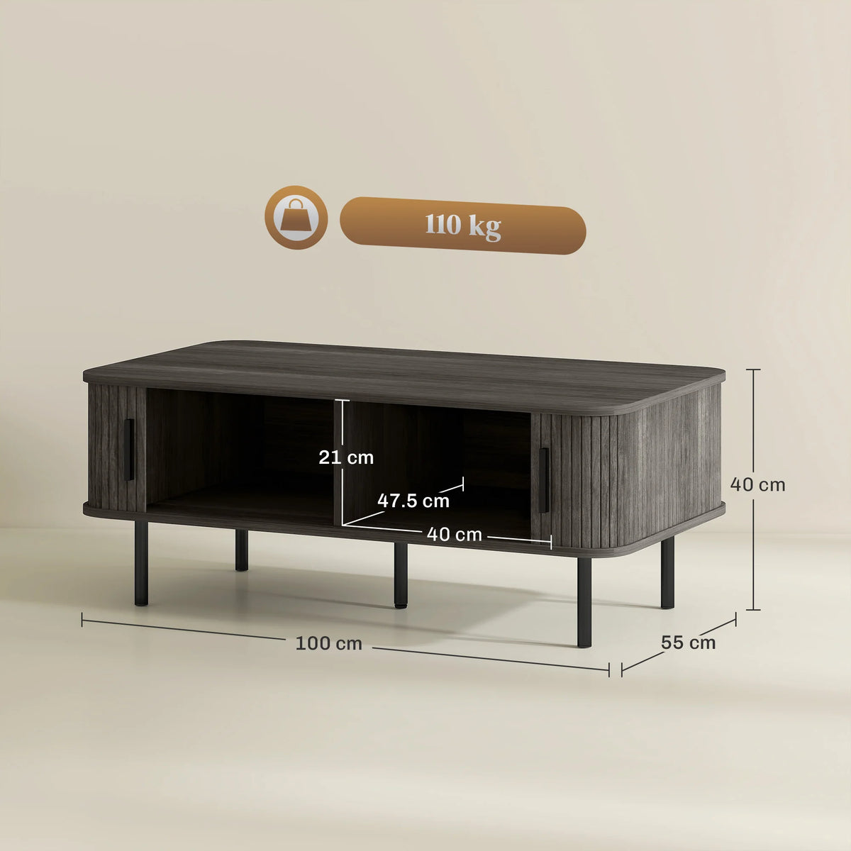 Coffee Table with Storage and Sliding Tambour Doors, Grey Wood-Effect