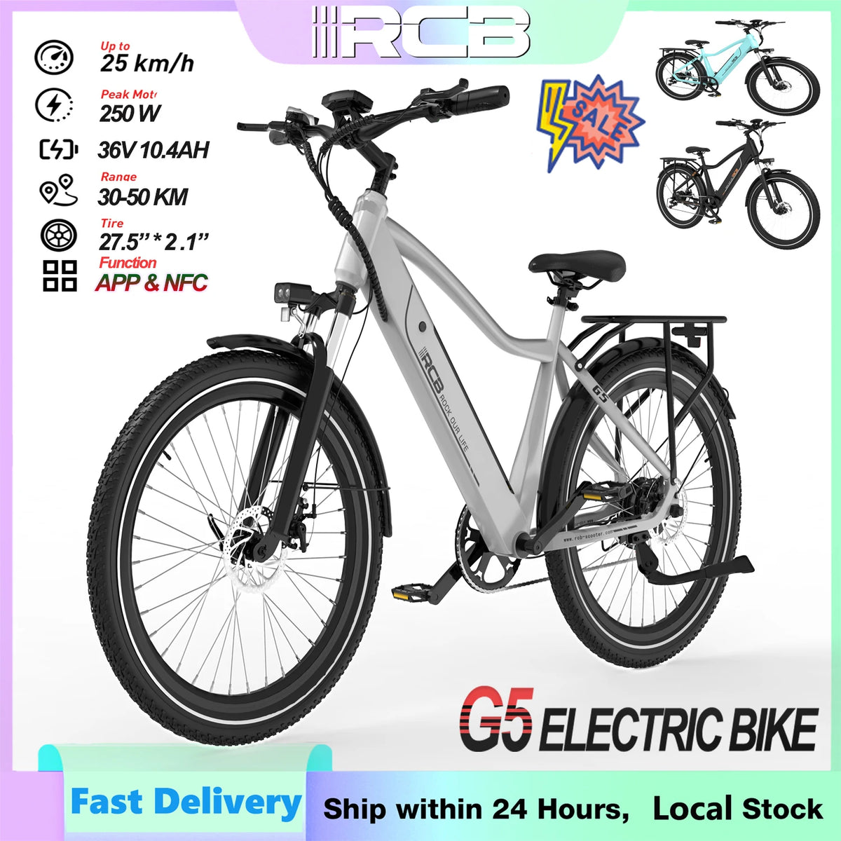 G5 27.5 Inch Electric Bike with 250W Motor, 36V 10.4Ah Removable Battery, App and NFC Unlock, 21-Speed