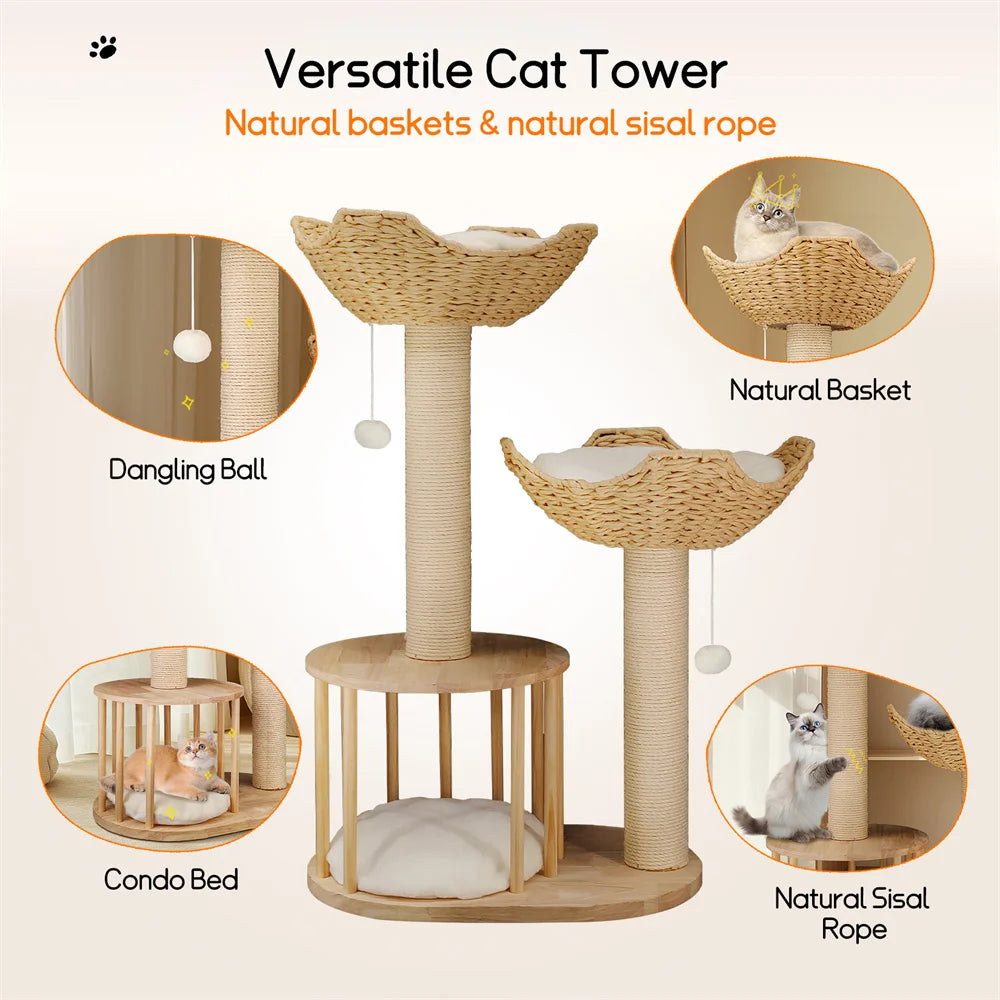 BORWART 3 Tier Cat Tree 99cm Wide Base Large Baskets Padded Perches Sisal Scratching Post Hanging Toy