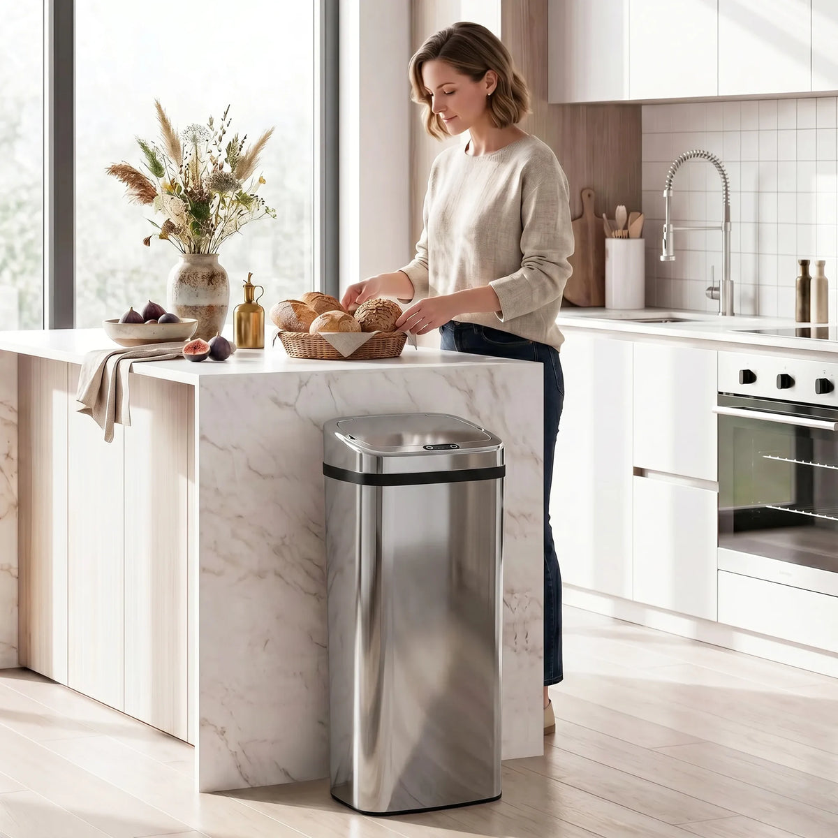 50L Stainless Steel Motion Sensor Kitchen Bin, Touchless Automatic Lid