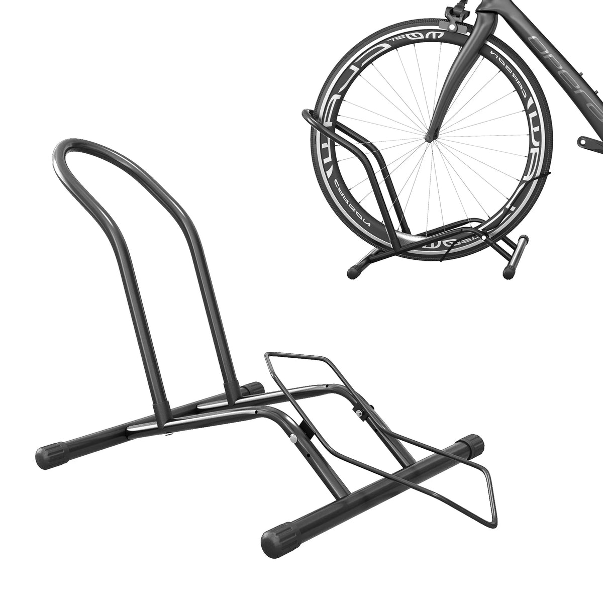 Bike Floor Stand with Auto-Locking Tilt, for Tyres up to 8.5cm, Black