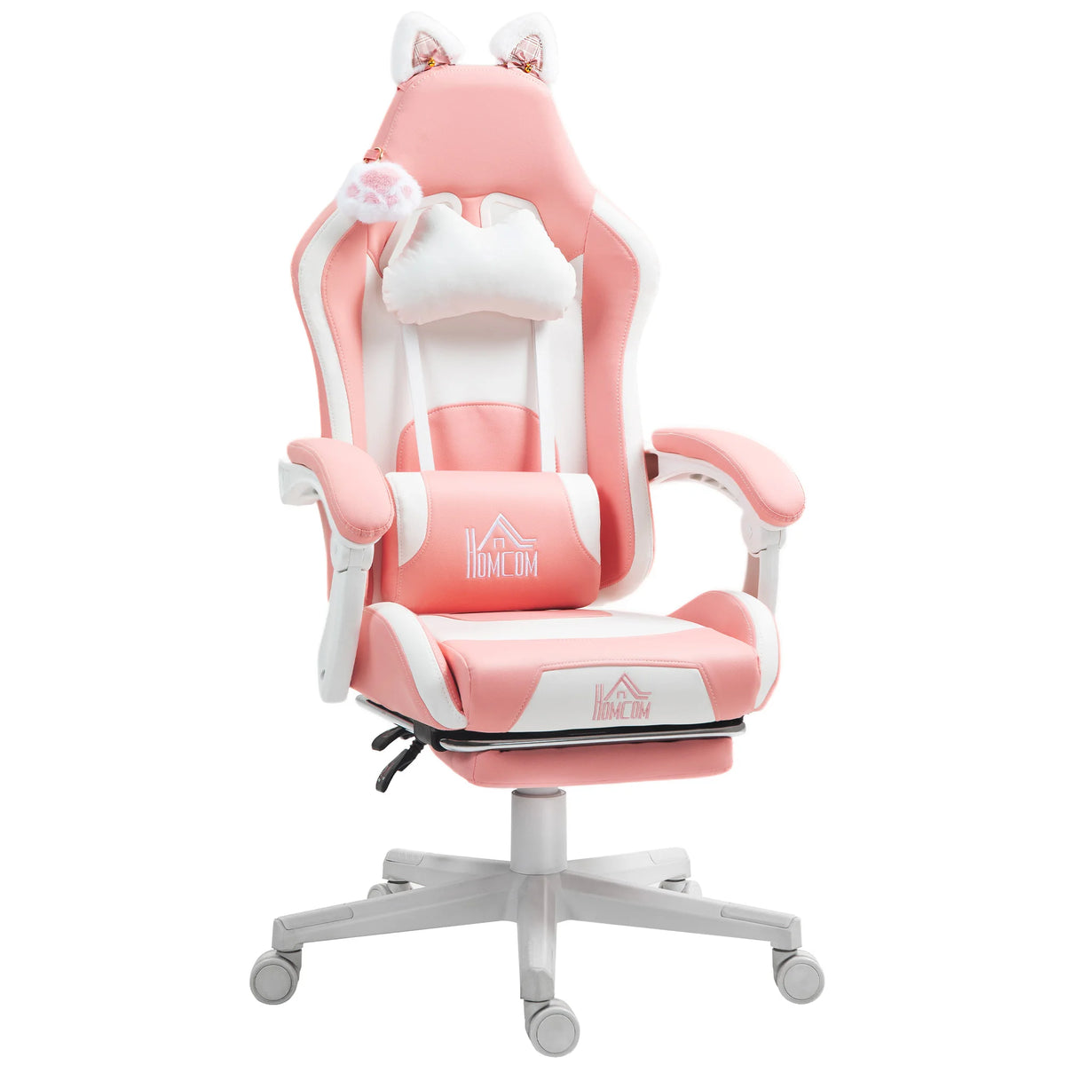 Gaming Chair with Retractable Footrest Reclines to 135 Degrees Cat Ear Design Faux Leather Height Adjustable
