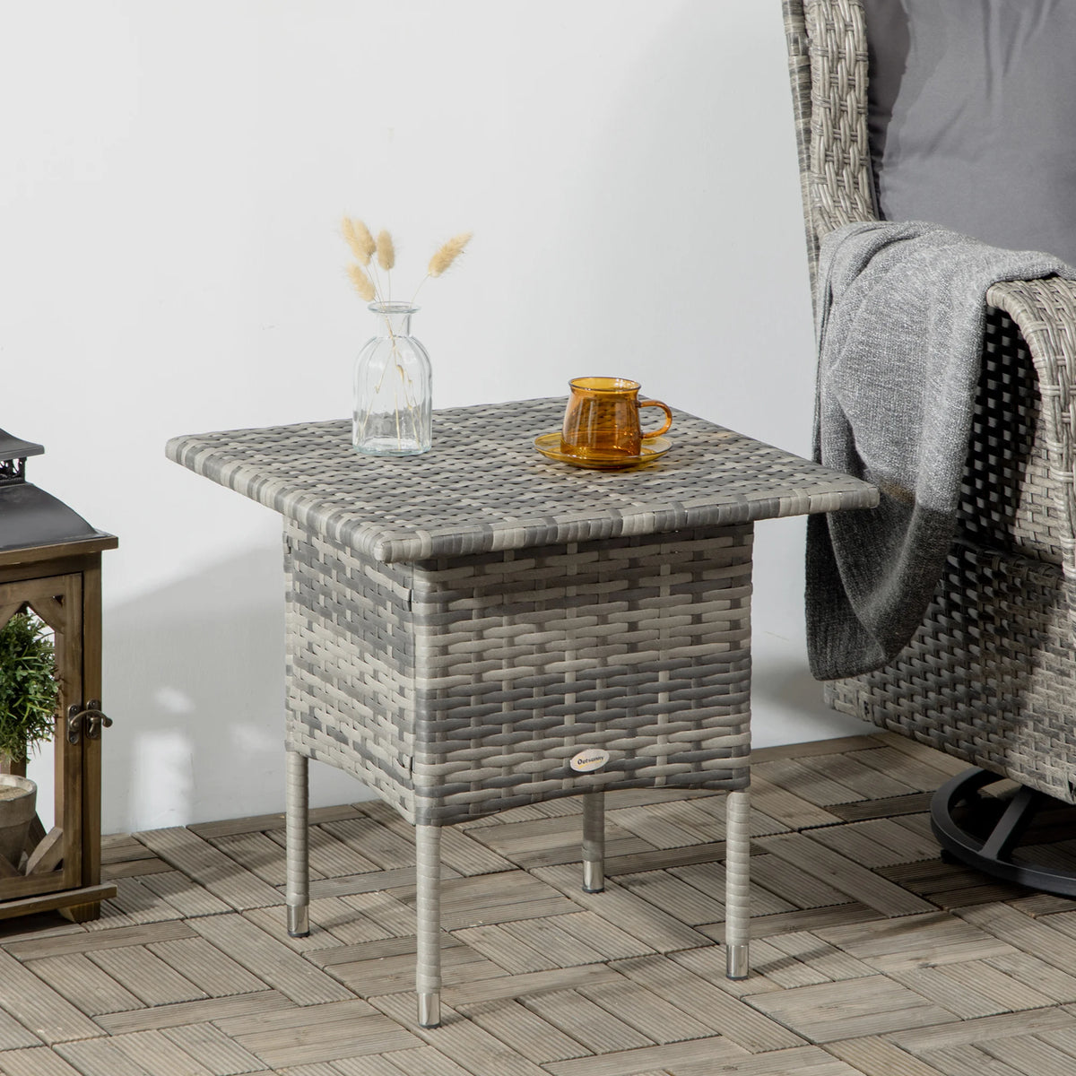 Rattan Side Table, Outdoor Coffee Table with Plastic Board Under the Full Woven Table Top, Mixed Grey