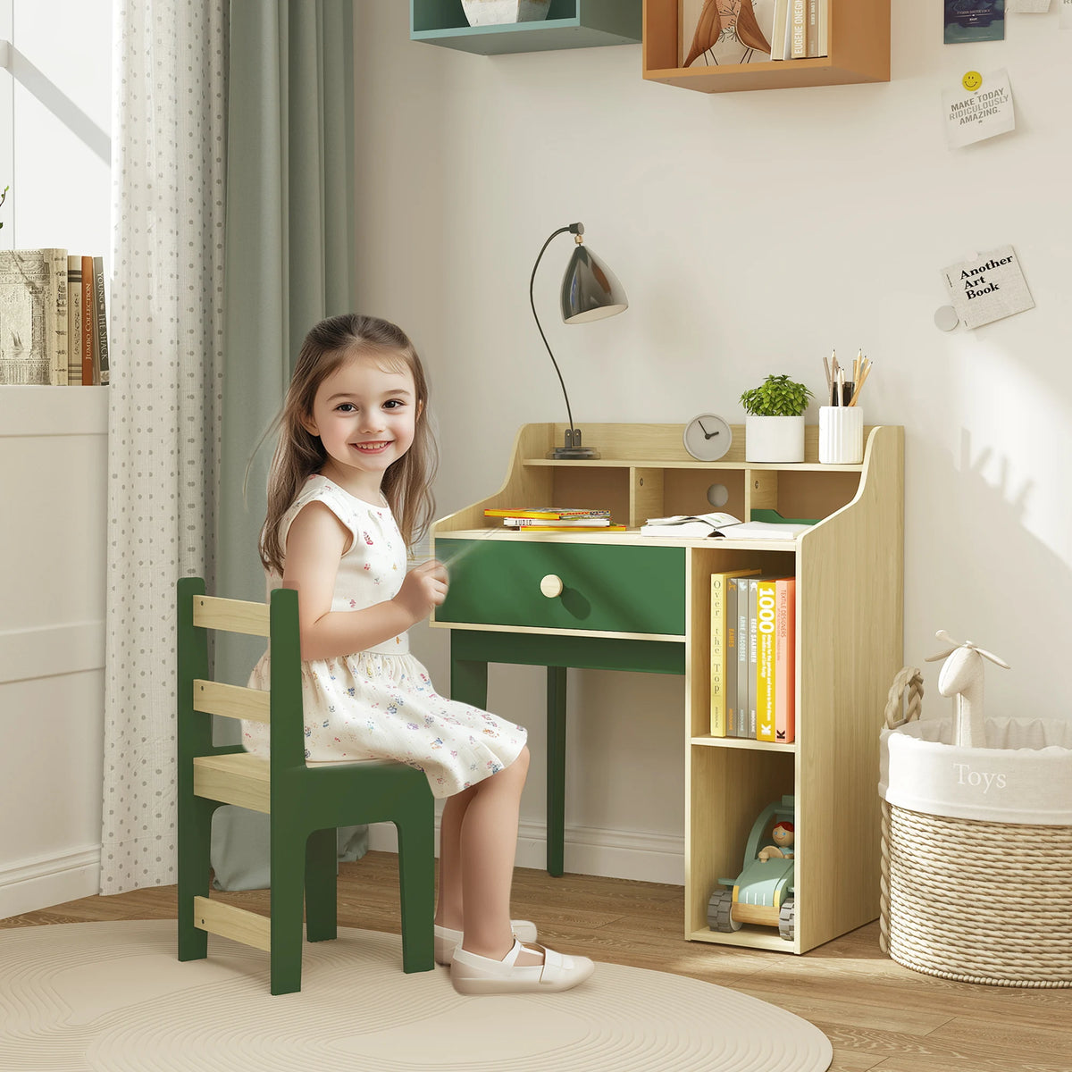 Kids Desk and Chair Set with Double Layer Shelf Drawer and 2 Storage Grids for Ages 3-10 Green