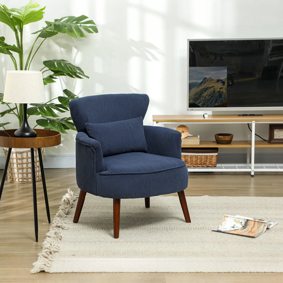 Retro Corduroy Wingback Armchair with Pillow and Wooden Legs
