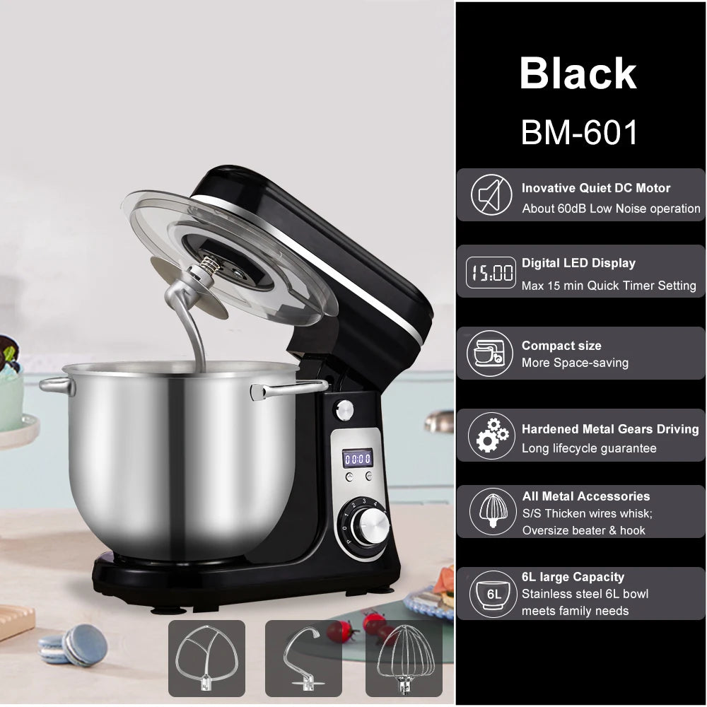 1200W Stand Mixer 6L Kitchen Food Mixer with Dough Hook Whisk 6 Speed Baking Machine