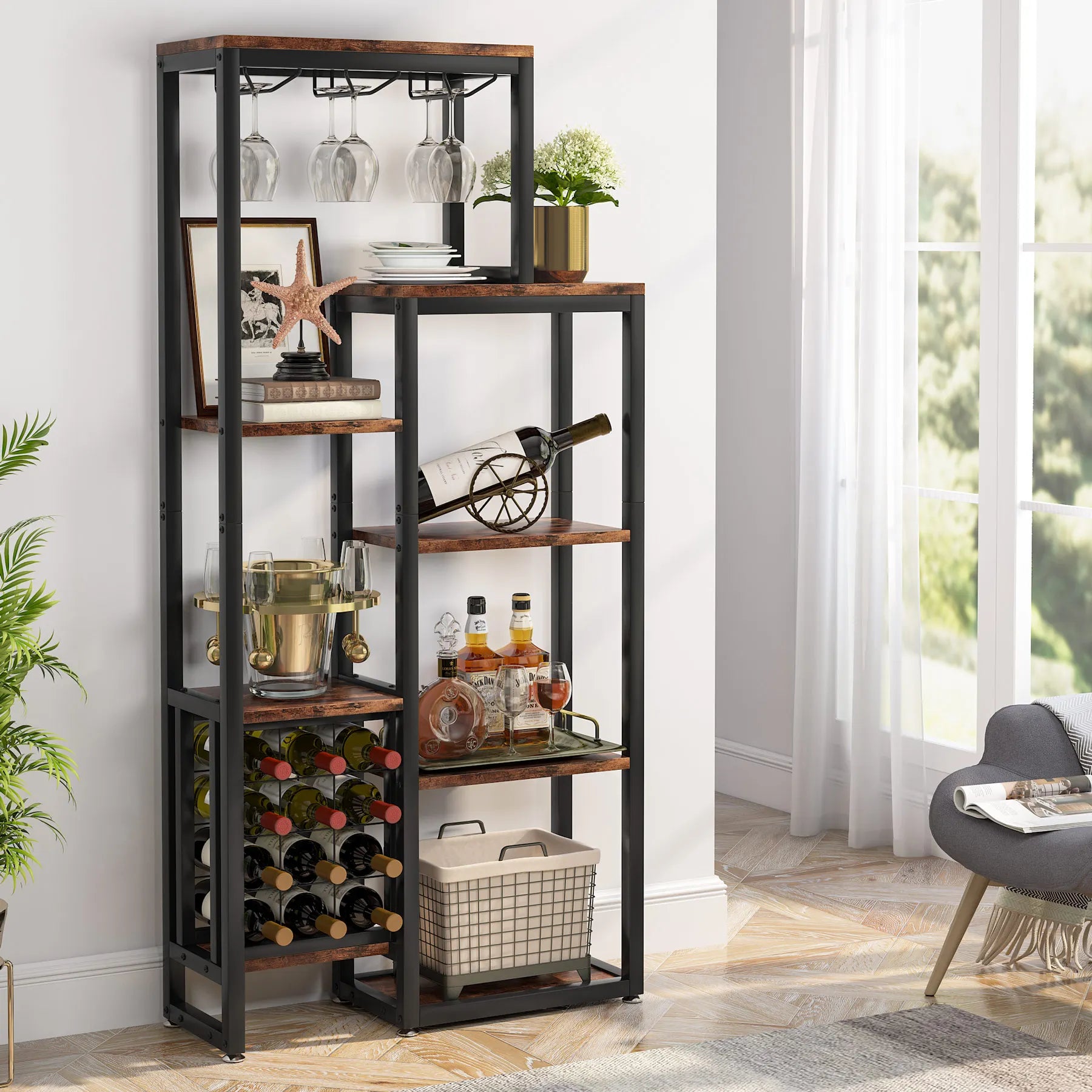 5-Tier Freestanding Industrial Wine Rack with Glass Holder | Holds 12 Bottles and 6-9 Stemware Floor Wine Display Shelf