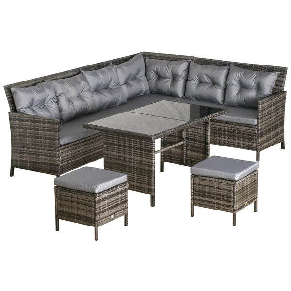 8-Seater Rattan Outdoor Dining Sofa Set with Wicker Coffee Table and Footstools, Grey