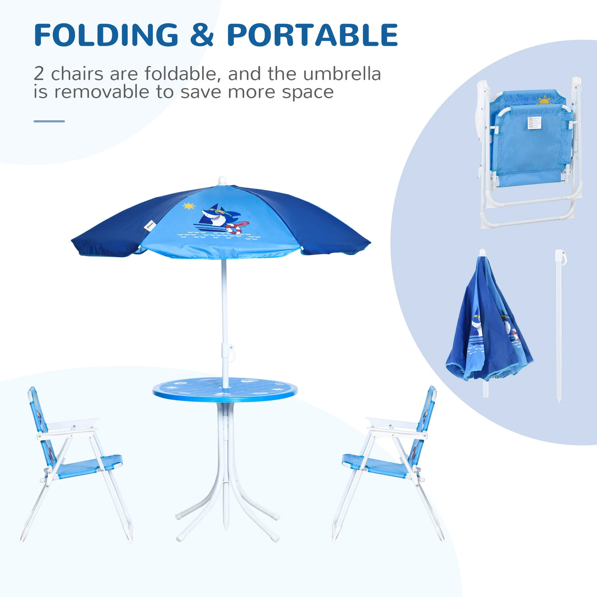 Kids 4 Piece Folding Garden Set with Table 2 Chairs and 6 Bone Parasol Shark Design Metal Blue