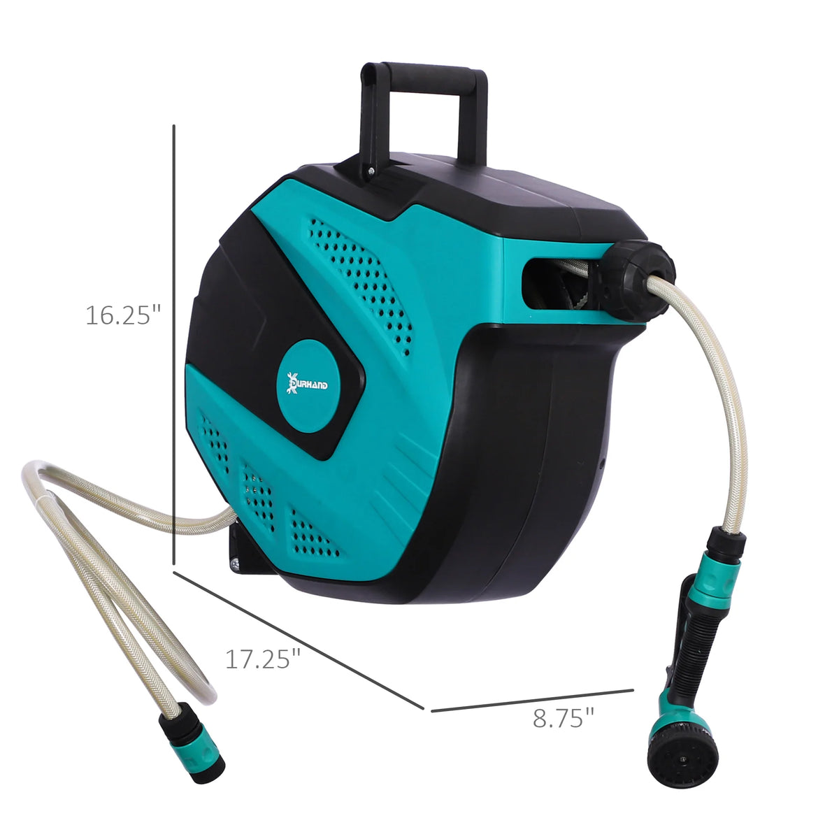 Compact Garden Hose Reel with Auto Rewind and Locking Spray Nozzle