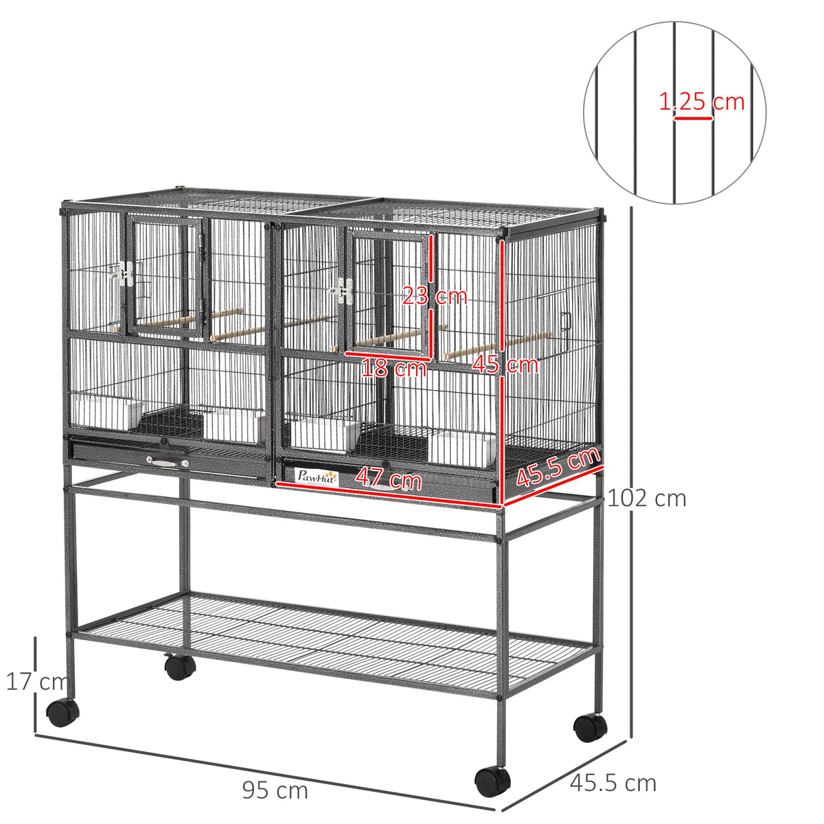 Double Rolling Bird Cage with Removable Divider 2 Metal Trays 4 Wood Perches and Storage Shelf