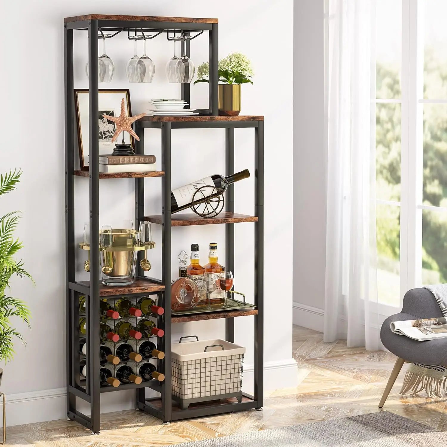 5-Tier Freestanding Industrial Wine Rack Cabinet | Rustic Brown Floor Wine Display Shelf with Glass Holder for Home Bar